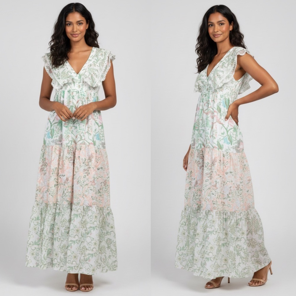 House of Harlow 1960 Tiered Floral Ruffle Sleeve Maxi Dress Sz. Small BNWT